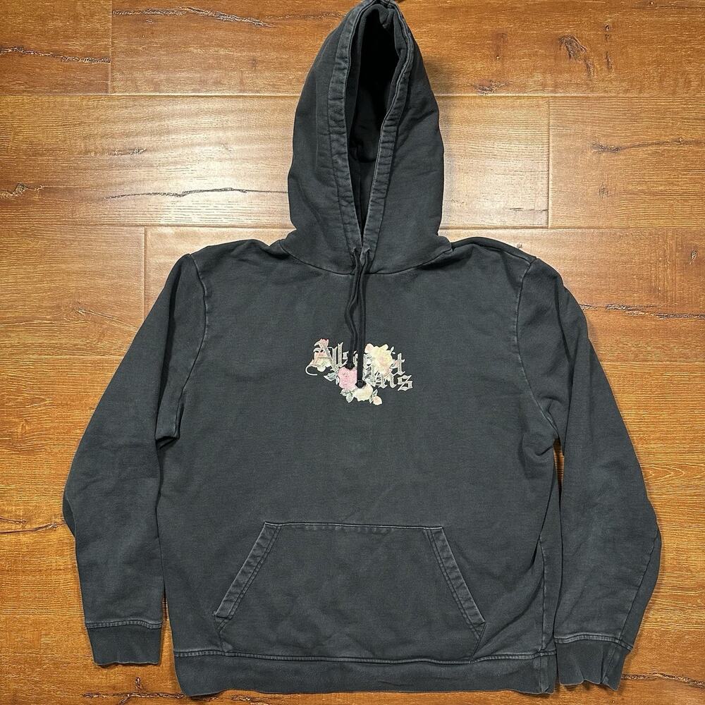 All Saints Hoodie Sweater Mens L Black Floral Oversized Relaxed Fit Retro Alt